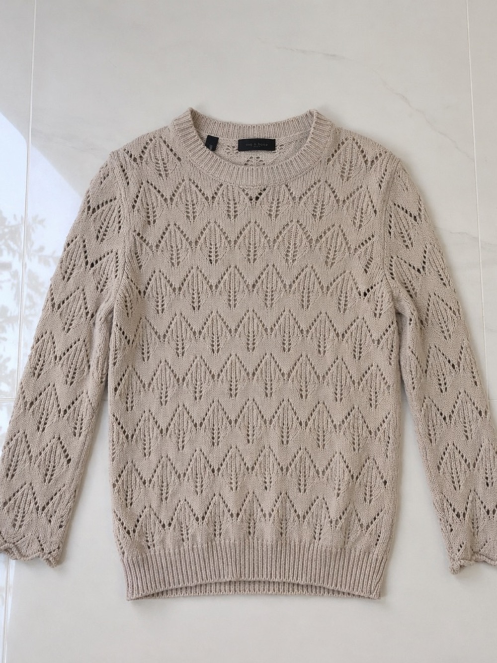 Saks Fifth Avenue Beige Open-Knit Crewneck Sweater